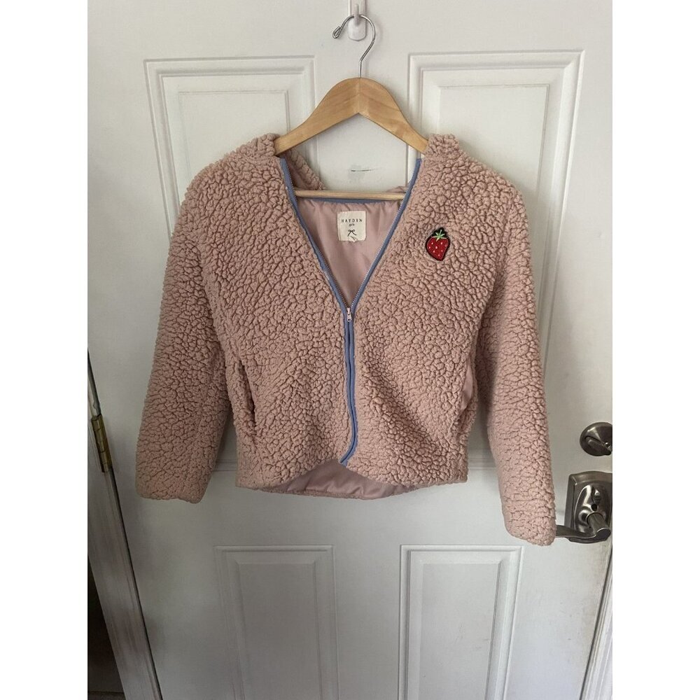Hayden Girls EUC fuzzy Jacket size 11/12 Dusty Rose With Strawberry